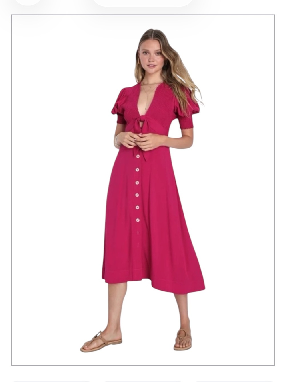 Lulu’s Featured Cutie Berry Pink Smocked Tie-Front Midi Dress Size XS NWT